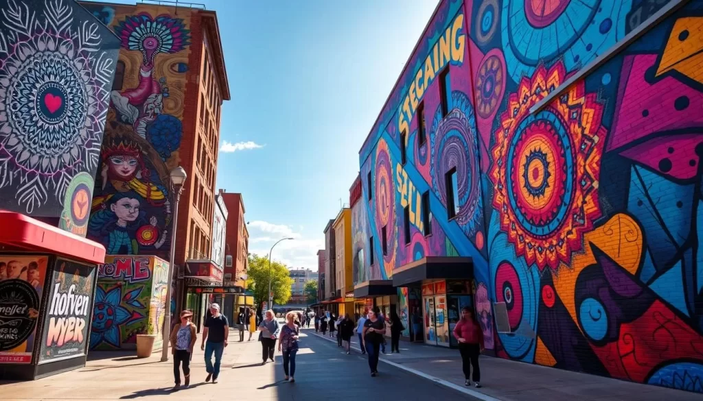 Sioux Falls, South Dakota. Vibrant murals adorning the city's buildings, capturing the local culture and spirit. A sun-drenched street, lined with towering walls showcasing intricate, kaleidoscopic artwork. Pedestrians strolling by, pausing to admire the vivid colors and striking compositions. Warm, natural lighting illuminates the scene, casting soft shadows and highlighting the textural details of the murals. Capture the essence of this Instagram-worthy photo spot, where art and everyday life seamlessly intersect.