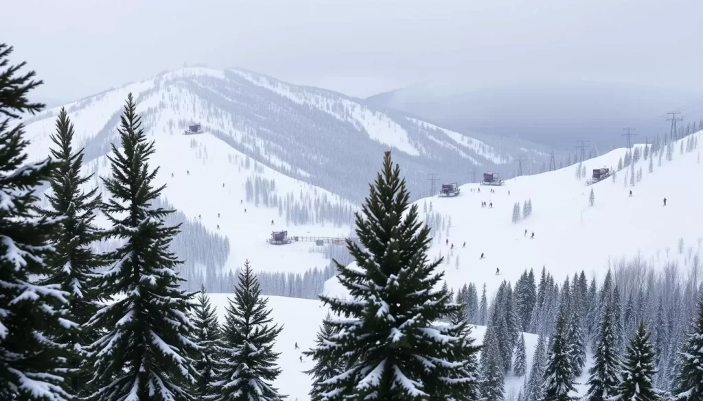 Snowcapped peaks of Snowshoe Mountain Resort, with meticulously groomed ski slopes winding down the mountainside. Skiers and snowboarders carve graceful turns through the powdery white landscape, bathed in the soft, diffused light of an overcast winter day. In the foreground, tall pines and fir trees frame the scene, their branches laden with snow. The middle ground features a mix of intermediate and advanced runs, while the background showcases the resort's expansive terrain, inviting visitors to explore its diverse offerings. Capture the tranquil, serene atmosphere of this premier winter destination.