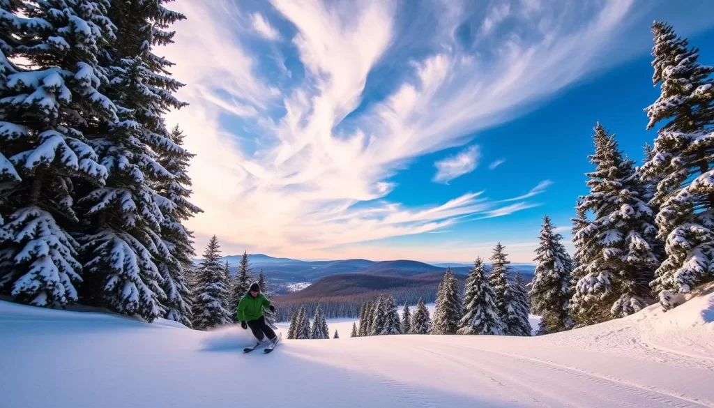 Snowshoe Mountain Resort, a premier ski destination in West Virginia, with pristine slopes and breathtaking vistas. A skier glides gracefully down a groomed trail, carving turns amidst a powdery white landscape. In the distance, towering pine trees frame the scene, their branches laden with fresh snow. The sky is a vibrant blue, with wispy clouds drifting overhead, illuminated by the warm glow of the sun. The image conveys the exhilaration and tranquility of a perfect day on the slopes, inviting the viewer to experience the thrill of skiing at this world-class resort.