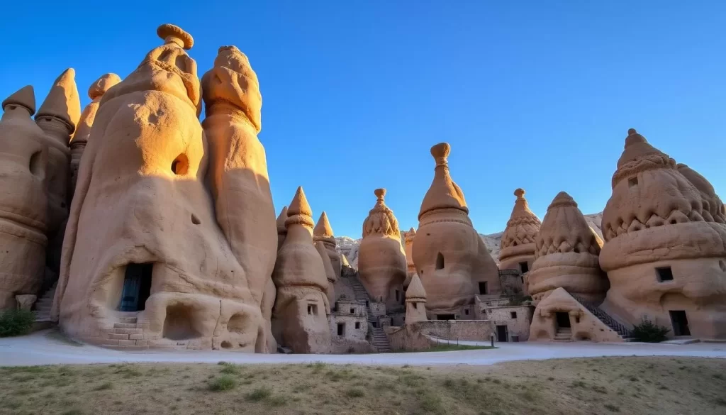 Soaring rock formations, sculpted by wind and time, stand tall against a clear azure sky. Elegant spires, tapering to sharp points, reach towards the heavens, their tawny hues glowing in the warm sunlight. Nestled amongst these whimsical "fairy chimneys" are quaint cave dwellings, their weathered doors and windows offering a glimpse into a timeless way of life. A serene landscape, painted with hues of ochre and sienna, invites exploration and wonder. Capture the enchanting essence of Cappadocia, where the natural and the manmade coexist in perfect harmony.