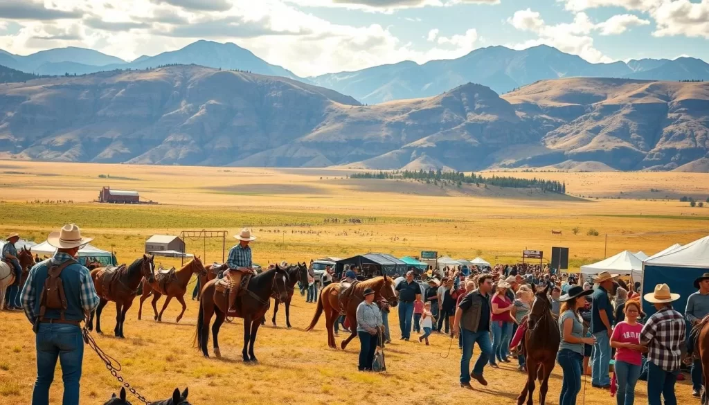 Sprawling Wyoming landscape, sun-dappled fields and rugged mountains in the distance. In the foreground, a bustling Western Heritage Festival comes to life: cowboys in weathered denim and boots, saddling up their trusty steeds; artisans showcasing handcrafted leather goods and wooden sculptures; the aroma of grilled meats and freshly baked pies wafting through the air. Beneath the wide-open sky, families and friends gather to celebrate the enduring spirit of the American West, their laughter and chatter mingling with the rhythmic clop of horse hooves. Warm, golden light filters through the scene, imbuing the festivities with a sense of timeless tradition.