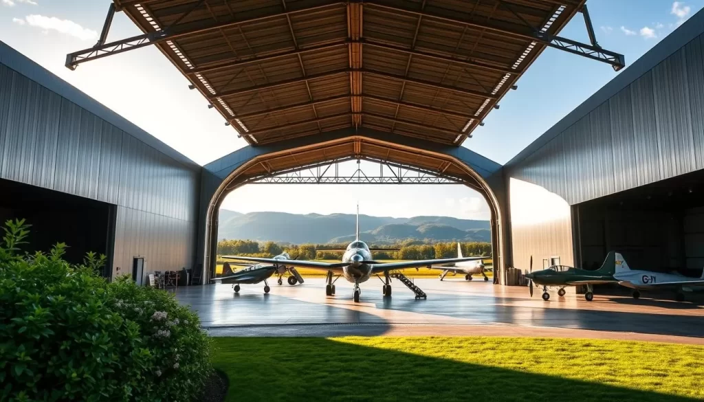 Sprawling hangar of the Luxembourg Aviation Museum, its sleek silver exterior gleaming in the warm afternoon sun. Through the open doors, catch glimpses of vintage aircraft, from propeller-driven fighters to sleek jets, arranged in well-curated exhibits. Lush greenery and a picturesque backdrop of rolling hills create a serene, inviting atmosphere, inviting visitors to explore the museum's rich aviation history. Capture the museum's architectural elegance and the passion for flight it inspires with a wide-angle lens, highlighting the interplay of modern and historical elements.