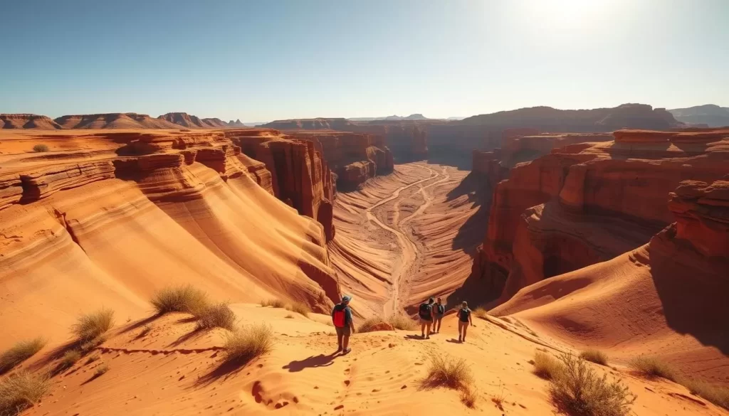 Sprawling sandstone cliffs, carved by the Paria River, set the stage for an epic hike through Paria Canyon. A sun-drenched trail winds through the vibrant, layered geology, inviting adventurers to explore its hidden wonders. In the foreground, a group of hikers navigates the rugged terrain, their silhouettes casting long shadows across the golden sand. The middle ground reveals the canyon's depth, with towering walls framing the distant, winding path. Overhead, a clear sky stretches, bathing the scene in warm, natural lighting that accentuates the canyon's rich, earthy tones. Capture the spirit of this incredible outdoor experience, where nature's grandeur and the thrill of exploration converge.