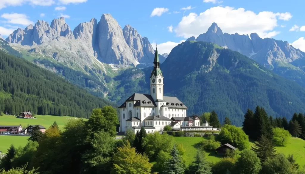St. Gallen Monastery in Austria, surrounded by lush greenery and majestic mountains