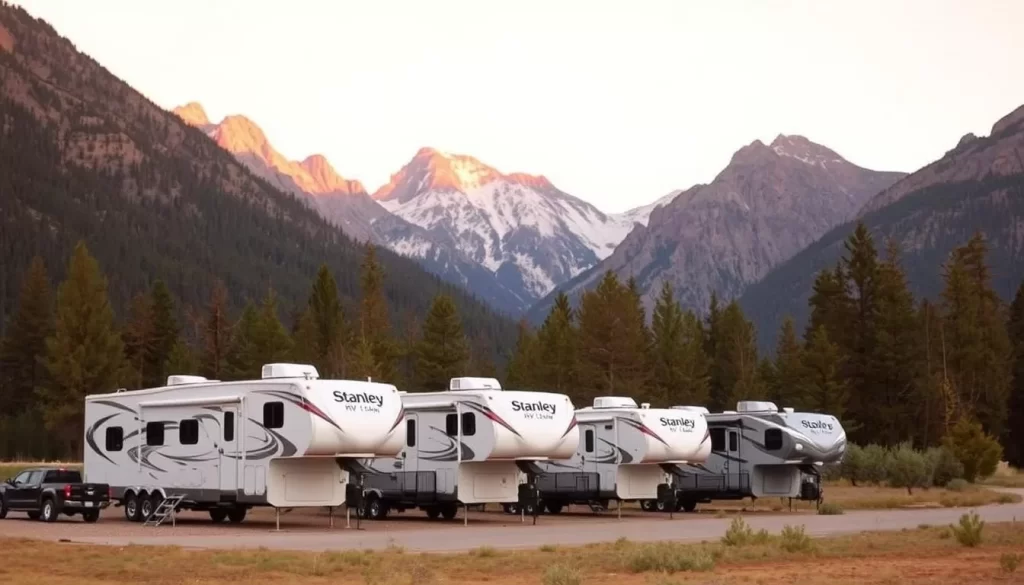 Stanley RV + Basecamp with RVs and scenic mountain views