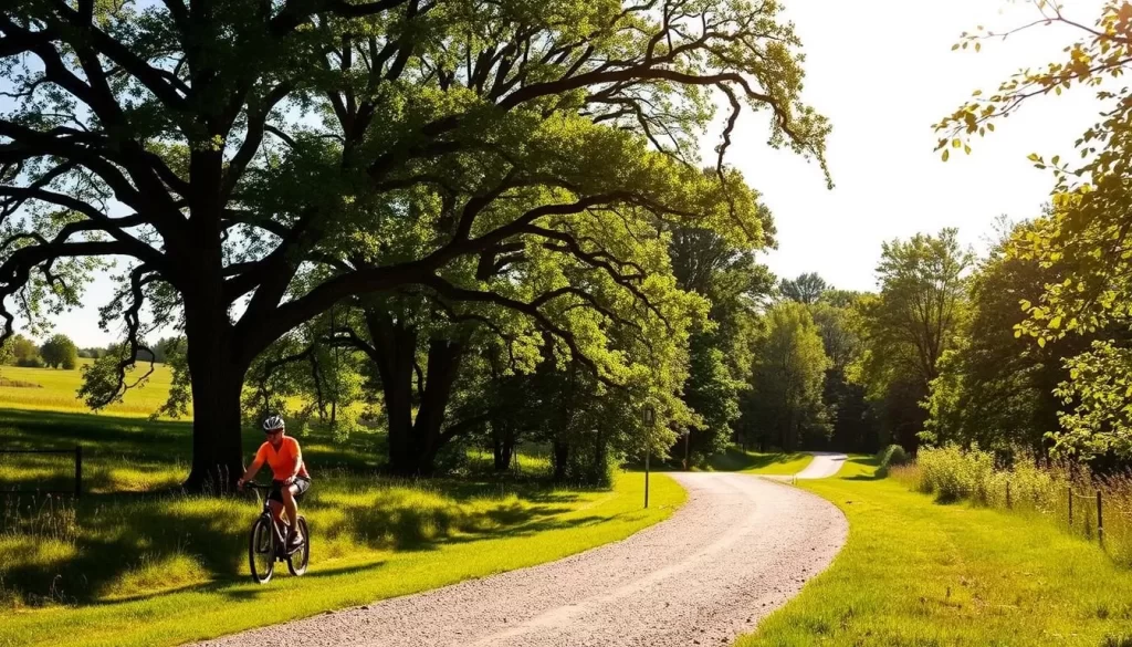 Steamboat Trace Bicycle Trail winds through lush, verdant Nebraska countryside. Sunlight filters through towering oak and maple trees, casting dappled shadows on the well-maintained crushed gravel path. In the foreground, a cyclist in vibrant sportswear pedals leisurely, taking in the serene natural surroundings. The middle ground features a smooth, gently curving section of the trail, inviting exploration. In the distance, the path disappears into a wooded grove, hinting at the scenic vistas to come. An atmosphere of peaceful tranquility and outdoor recreation pervades the scene, captured with a warm, soft-focus lens. Steamboat Trace Bicycle Trail winds through lush, verdant Nebraska countryside. Sunlight filters through towering oak and maple trees, casting dappled shadows on the well-maintained crushed gravel path. In the foreground, a cyclist in vibrant sportswear pedals leisurely, taking in the serene natural surroundings. The middle ground features a smooth, gently curving section of the trail, inviting exploration. In the distance, the path disappears into a wooded grove, hinting at the scenic vistas to come. An atmosphere of peaceful tranquility and outdoor recreation pervades the scene, captured with a warm, soft-focus lens.