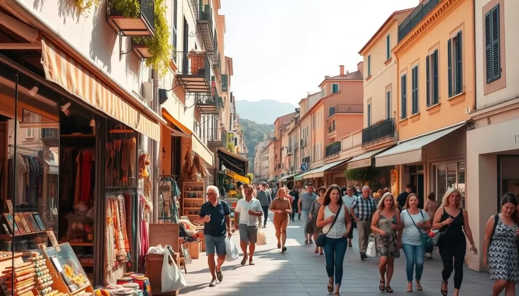 Stroll through the vibrant streets of the French Riviera, where charming boutiques and local markets beckon. In the foreground, inviting storefronts display their wares - colorful textiles, handcrafted jewelry, and artisanal goods. The mid-ground features a bustling sidewalk filled with leisurely shoppers, their bags overflowing with the day's finds. In the background, the iconic Mediterranean architecture sets the scene, with its sun-drenched facades and terracotta roofs. The warm, golden light filters through, creating a welcoming and lively atmosphere. Capture the essence of this picturesque shopping district, where the allure of the French Riviera shines through every corner.