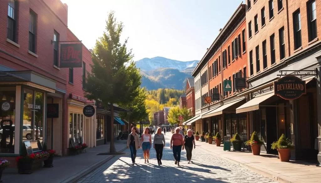 Strolling along the charming Main Street of Stowe, Vermont, on a picturesque sunny day. Rows of quaint New England-style shops and restaurants line the cobblestone street, their facades adorned with colorful flower boxes and wooden signs. In the middle ground, pedestrians amble past historic brick buildings and stately trees, casting soft shadows on the ground. In the background, the majestic Green Mountains rise, their peaks capped with snow, creating a serene and inviting atmosphere. The scene is illuminated by warm, golden sunlight, reflecting off the windows and creating a cozy, welcoming ambiance. Capture this quintessential New England town center, brimming with local charm and natural beauty.