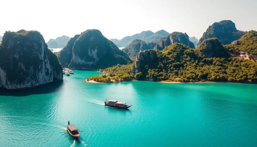 Stunning aerial view of Phang Nga Bay, Thailand, on a bright sunny day. Towering limestone cliffs rise dramatically from the crystal-clear turquoise waters, creating a breathtaking natural landscape. In the foreground, peaceful longtail boats float on the tranquil surface, while in the middle ground, verdant mangrove forests line the coastline. The background showcases the rugged, hilly terrain of the surrounding islands, bathed in warm, golden light. Capture the serene, untouched beauty of this iconic natural wonder through a wide-angle lens, with a focus on the harmony between land and sea.
