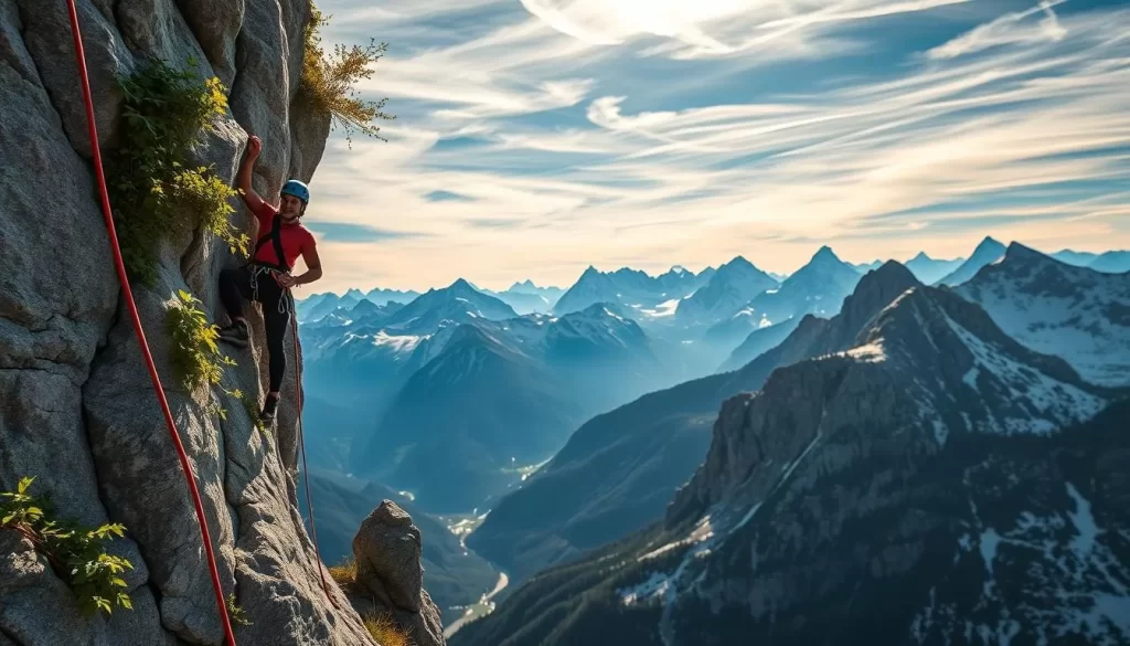 Stunning rock climbing scene set against the majestic Austrian Alps. In the foreground, a fearless climber ascends a rugged, sun-dappled cliff face, their harness and carabiners gleaming. Lush, verdant foliage clings to the rocky outcrops, creating a dynamic contrast. The middle ground reveals a panoramic vista of snow-capped peaks, their jagged silhouettes framed by a brilliant azure sky. Warm, golden light filters through wispy clouds, casting a captivating glow over the entire scene. The attention to detail and depth of field creates a captivating, immersive experience, transporting the viewer to this thrilling adventure playground amidst the stunning Dachstein massif.