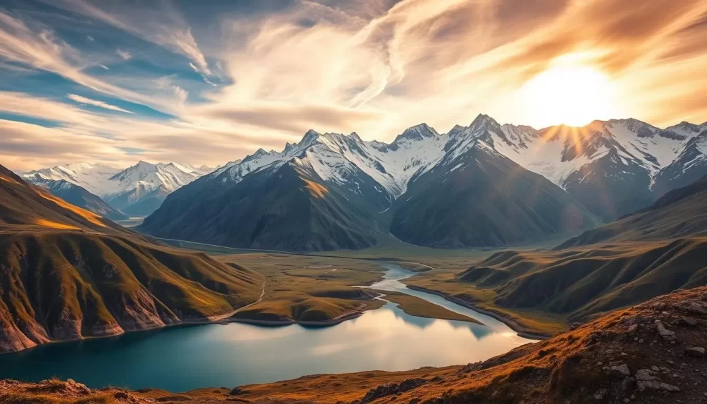 Stunning vistas of snow-capped peaks, azure alpine lakes, and lush meadows in the best season for a weather-savvy trip to Kyrgyzstan. Dramatic light filters through wispy clouds, casting warm, golden hues across the rugged landscape. In the foreground, a pristine lake reflects the majestic mountains surrounding it, while in the middle ground, a winding river cuts through verdant valleys. The background boasts towering, craggy peaks blanketed in pristine white snow. Capture the essence of Kyrgyzstan's breathtaking natural beauty in this evocative landscape scene.