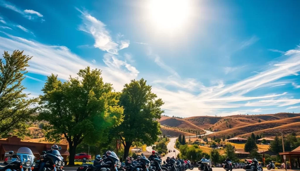 Stunningly clear summer sky over the picturesque town of Sturgis, South Dakota. Warm sunlight filters through wispy clouds, casting a golden glow on the rolling hills and winding roads. In the foreground, motorcycles line the streets, their chrome gleaming as passionate bikers gather for the annual rally. Lush green trees sway gently in a light breeze, creating a peaceful, relaxed atmosphere. The scene captures the essence of Sturgis in the height of June - a weather-perfect getaway for adventure-seekers and nature lovers alike.