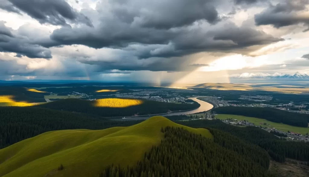 Sweeping aerial view of the diverse weather patterns across the state of Washington, USA. Dramatic stormy clouds with rays of sunlight piercing through, casting dynamic shadows on the undulating landscape below. In the foreground, a gently rolling green hillside blanketed in thick forest. In the middle-ground, a meandering river snakes through a valley, its banks dotted with quaint towns. In the distant background, the majestic snow-capped peaks of the Cascade mountain range stretch towards the horizon. The scene is bathed in warm, golden afternoon light with a hint of a rainbow emerging from the stormy skies. Cinematic, awe-inspiring and true to the region's diverse weather patterns.