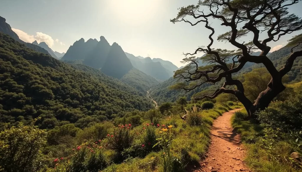 Sweeping vistas of lush green trails winding through the rugged mountains of Marakele National Park. Sunlight filters through the dense foliage, casting warm shadows on the packed earth below. Towering peaks loom in the distance, their rocky slopes inviting hikers to explore. In the foreground, a well-marked path leads deeper into the wilderness, flanked by vibrant wildflowers and ancient, twisted trees. The air is crisp and clean, instilling a sense of tranquility and adventure. Capture the essence of this picturesque hiking destination with a focus on the natural beauty and serene atmosphere.