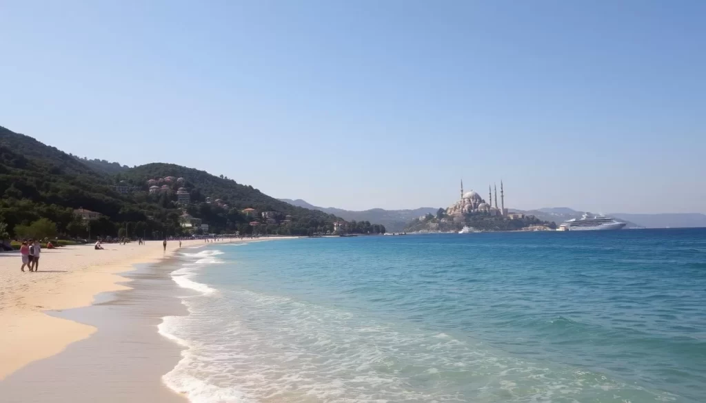 Sweeping vistas of pristine sandy beaches, gently lapped by the azure waters of the Marmara Sea. Lush, verdant hills dotted with charming Ottoman-era mansions rise in the background, casting soft shadows over the tranquil scene. A warm, golden sun casts a gentle glow, highlighting the natural beauty of the Princes' Islands. Beachgoers stroll along the shoreline, taking in the serene atmosphere and picturesque landscapes. Boats and yachts dot the horizon, creating a sense of peaceful activity. Capture the essence of this idyllic natural oasis, a true haven for nature lovers in Turkey.