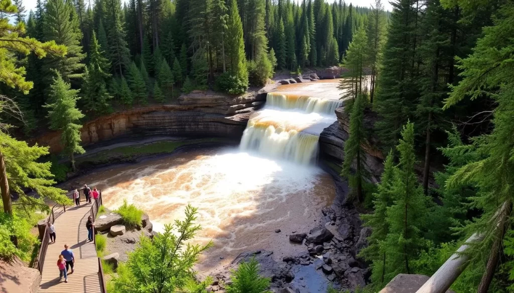 Tahquamenon Falls State Park, a stunning natural wonder in Michigan's Upper Peninsula. Capture the majestic cascading waterfalls surrounded by lush, verdant forests. A panoramic view from the overlook, with sunlight filtering through the trees, casting a warm glow on the rushing waters. In the foreground, visitors explore the wooden boardwalk, taking in the serene ambiance. In the middle ground, the powerful Tahquamenon River flows steadily, its golden-brown hue reflecting the earthy tones of the landscape. The background showcases the dense, towering trees that envelope the falls, creating a sense of tranquility and seclusion. Convey a peaceful, picturesque scene that invites exploration and a deeper connection with the natural world.