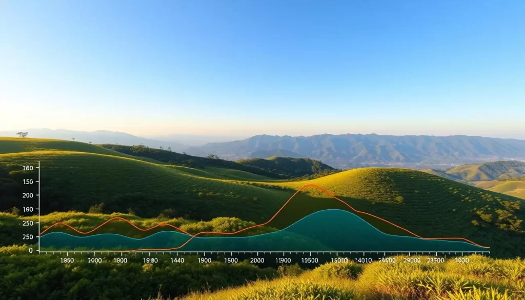 Taitung County temperature analysis: a data-driven landscape depicting monthly temperature fluctuations. A smooth, photorealistic render showcasing a rolling hillside vista, with a clear blue sky above. In the foreground, a colorful line graph charts the average temperatures throughout the year, its curves flowing organically with the terrain. The middle ground features lush, verdant foliage, while the background reveals distant mountains bathed in warm, golden light. The overall scene conveys a sense of data visualization seamlessly integrated into a picturesque natural setting, inviting the viewer to explore Taitung's climatic patterns with clarity and visual appeal.