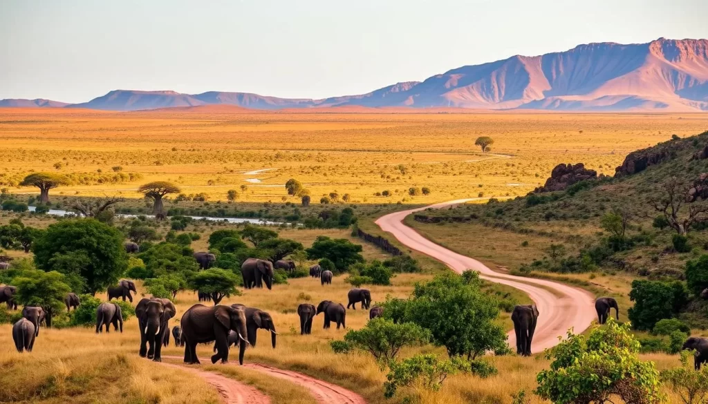 Tarangire National Park, Tanzania, on a picturesque summer day. A vast, lush savanna landscape stretches out, dotted with towering baobab trees and winding rivers. In the foreground, a herd of elephants peacefully grazes, their massive forms silhouetted against the warm, golden light. The middle ground reveals a winding dirt road, leading deeper into the park, flanked by vibrant, verdant foliage. In the background, rugged, weathered hills rise up, their slopes cast in soft, diffused shadows. The scene exudes a sense of tranquility and timeless natural beauty, inviting the viewer to immerse themselves in the serene wonder of Tarangire National Park.