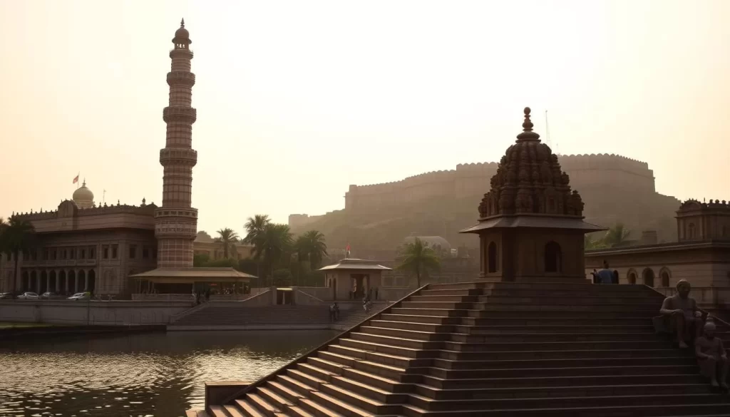 Telangana's historical wonders stand tall, their intricate architecture casting long shadows under the golden sun. In the foreground, the towering minarets of the Charminar landmark pierce the sky, its ornate façade reflecting the region's rich cultural heritage. In the middle ground, the serene waters of the Hussain Sagar lake lap against the steps of ancient temples, their carved stone figures bearing witness to centuries of history. Farther back, the imposing Golconda Fort rises majestically, its imposing ramparts hinting at the power and might of bygone eras. Warm, diffused lighting illuminates the scene, creating a sense of timeless wonder and awe.
