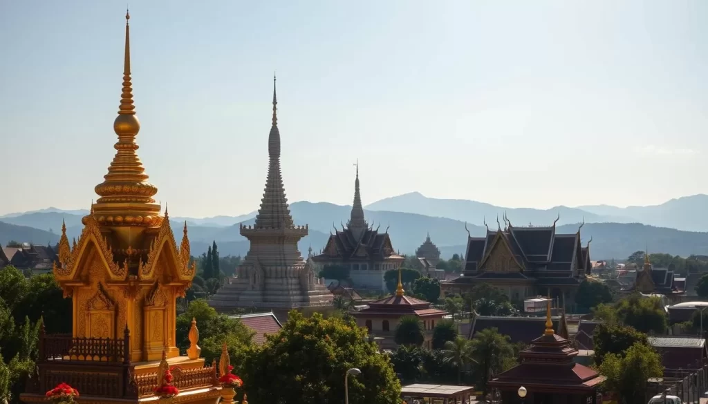 Temples of Lampang, Thailand on a sunny day. The foreground features a gilded Buddhist shrine with intricate carvings and a towering spire, surrounded by lush greenery and colorful flowers. In the middle ground, a picturesque temple complex with multiple pagodas and roofs adorned with ornate detailing stands tall, bathed in warm, soft light. The background showcases the town's rolling hills and distant mountains, creating a serene and tranquil atmosphere. Capture the essence of Lampang's rich cultural heritage with a wide-angle lens, highlighting the harmony between the sacred architecture and the natural landscape.