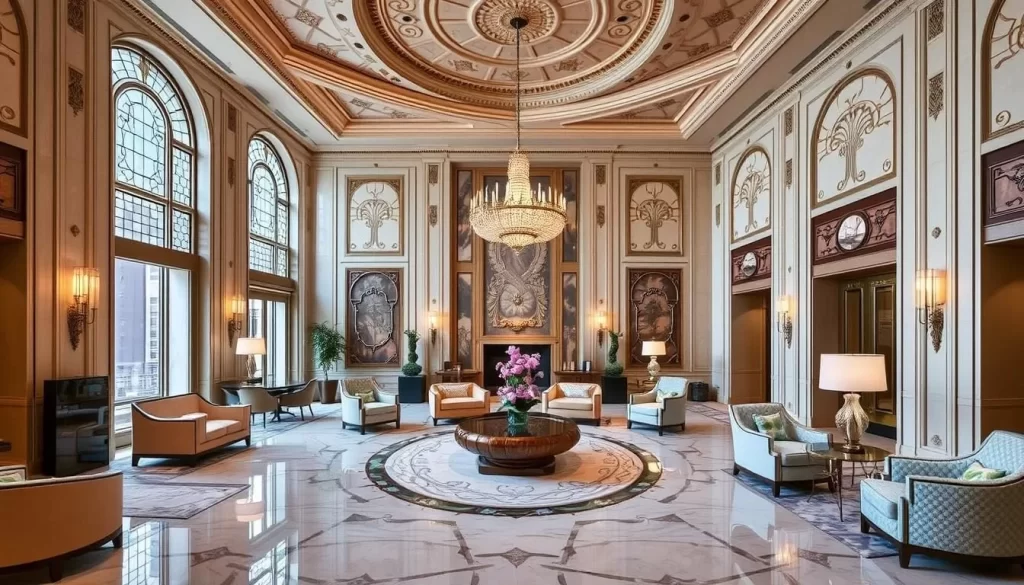The Langham Chicago's lobby, featuring its art deco design and luxurious atmosphere.