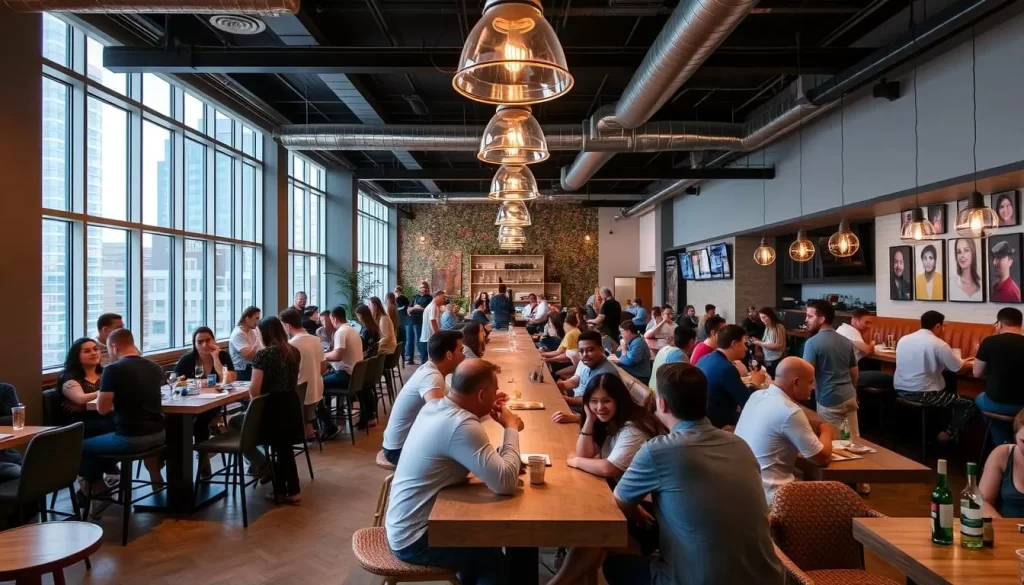The communal area at Freehand Chicago, featuring its stylish decor and social atmosphere.