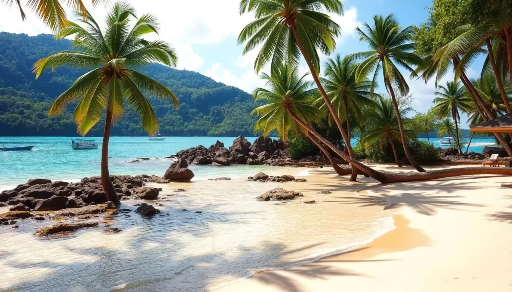 Tioman Island's pristine beaches, lapped by turquoise waters and framed by lush, verdant hills. In the foreground, sun-dappled golden sands invite beachgoers to relax and unwind. Towering coconut palms sway gently in the soft breeze, casting playful shadows on the idyllic scene. The middle ground features rocky outcroppings and tide pools teeming with vibrant marine life. In the distance, the horizon is dotted with small, picturesque fishing boats, their sails catching the warm, tropical light. The overall atmosphere is one of tranquility and natural beauty, perfectly capturing the essence of Tioman Island's enchanting beach landscapes.