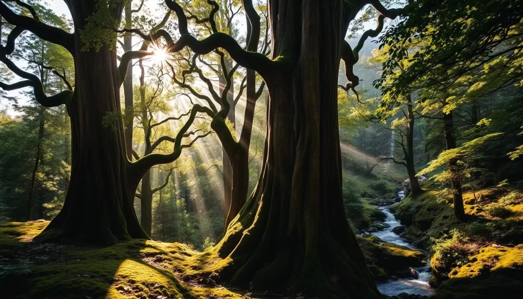Towering ancient trees with gnarled trunks and twisting branches stand tall in a lush, verdant forest. Dappled sunlight filters through the canopy, casting a warm, golden glow over the scene. The forest floor is carpeted with a thick layer of moss and ferns, creating a serene and enchanting atmosphere. In the distance, a winding stream can be seen, its gentle flow adding to the tranquility of the setting. The overall mood is one of timelessness and the enduring power of nature.
