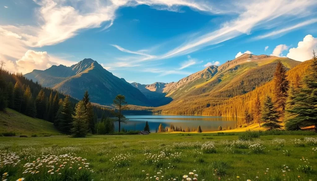Tranquil alpine scenery, sun-kissed peaks reaching skyward amidst wispy clouds. Lush, emerald meadows dotted with wildflowers sway gently in a cool breeze. A crystal-clear lake reflects the majestic mountains, their slopes cloaked in dense, verdant forests. Warm, golden light filters through the trees, casting a serene glow across the idyllic landscape. Capture the essence of a perfect summer day in the heart of the Green Mountains, showcasing the natural beauty and splendor of this picturesque region.