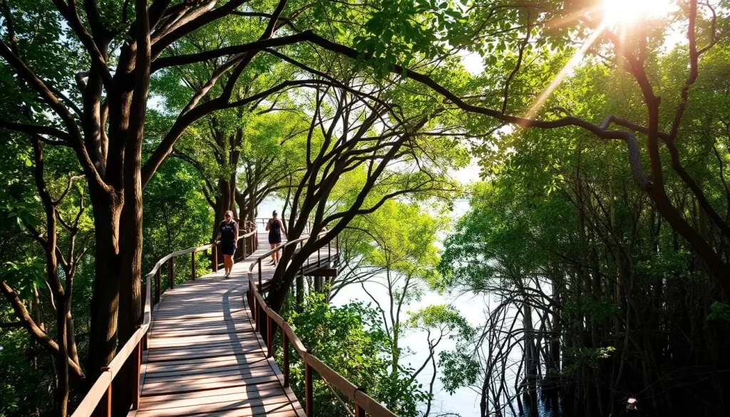 Tranquil mangrove boardwalk winding through a lush, verdant landscape of Jozani-Chwaka Bay National Park. Sunlight filters softly through the canopy, casting a warm glow on the wooden pathway and the surrounding mangrove trees. In the distance, glimpses of the turquoise bay can be seen between the trunks. Adventurous tourists explore the serene, elevated walkway, immersed in the natural beauty of this unique ecosystem. Capture the peaceful atmosphere and the harmony between nature and human presence.