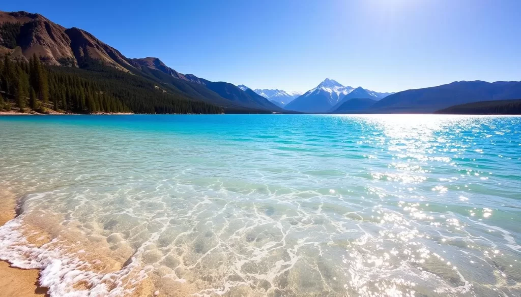 Turquoise waters of Bear Lake glistening under the warm Rocky Mountain sun, surrounded by lush, rolling hills dotted with evergreen trees. In the foreground, crystal-clear waves gently lap against the sandy shores, inviting visitors to dip their toes. The mid-ground reveals a panoramic view of the lake's expansive azure expanse, framed by rugged, snow-capped peaks in the distance. Capture the serene, idyllic atmosphere of this breathtaking natural wonder, often referred to as the "Caribbean of the Rockies".