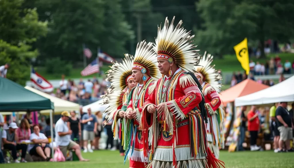University of Iowa Powwow with participants in traditional regalia and vendors selling handmade crafts