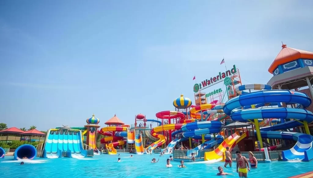 Usotel Waterland water park in Udon Thani, Thailand, with various water slides and attractions