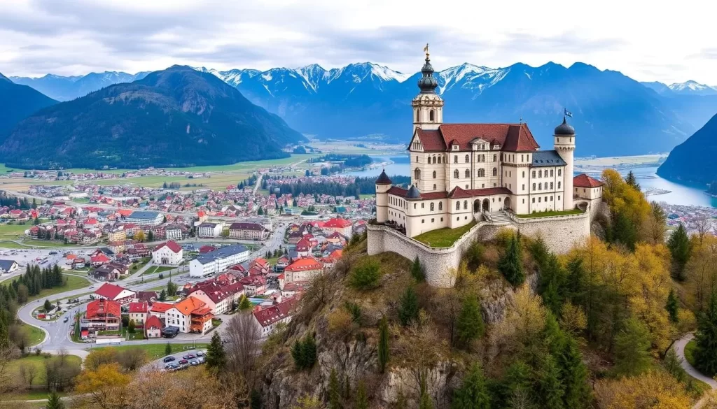 Vaduz Castle image generation prompt: A panoramic view of Vaduz Castle overlooking the City of Vaduz and the Alpine landscape.