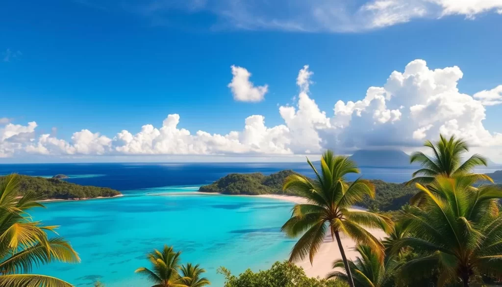 Vast, azure skies stretch over the lush, tropical Micronesia islands. Pristine turquoise waters lap gently against powdery white sand beaches, framed by swaying palm trees. Fluffy cumulus clouds drift lazily overhead, casting dynamic shadows upon the diverse, verdant landscapes below. Warm, golden sunlight filters through the hazy atmosphere, creating a tranquil, idyllic scene. Encapsulating the region's unique weather patterns, this serene, picturesque vista showcases the Micronesia islands at their weather-ideal best.