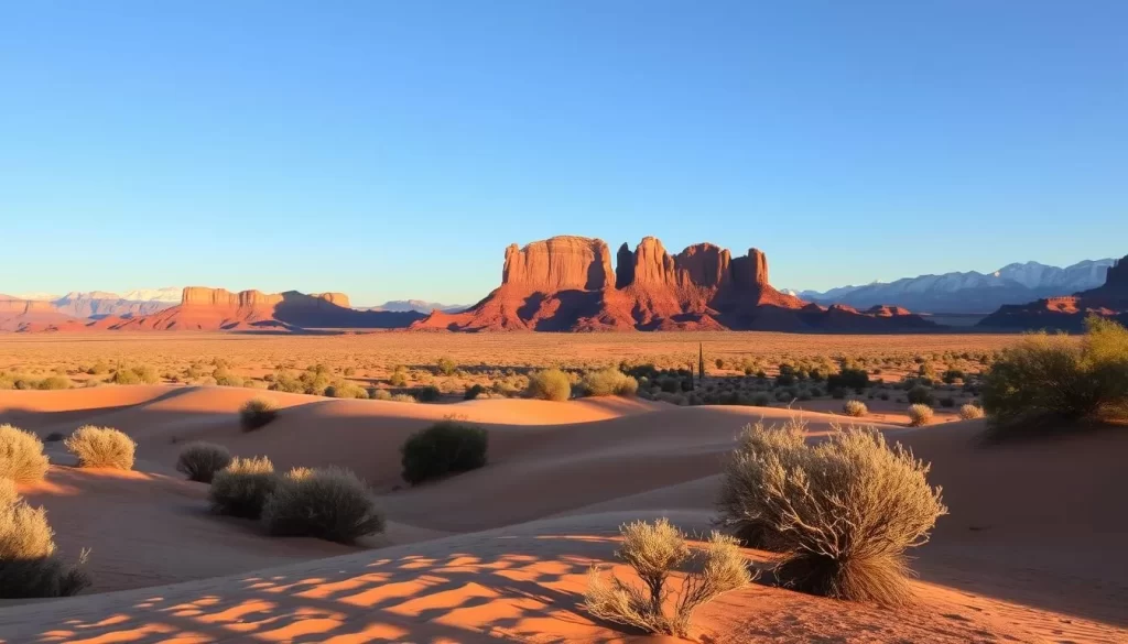 Vast desert landscape in Mesa, Arizona, bathed in warm, golden light. In the foreground, undulating sand dunes and hardy desert shrubs, casting dramatic shadows. The middle ground features towering red rock formations, their jagged silhouettes silhouetted against a clear azure sky. Distant mountains rise up, their peaks capped with a dusting of snow. An arid, tranquil atmosphere permeates the scene, inviting exploration of this natural desert oasis.