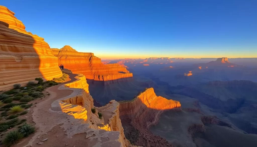 Vast, majestic Grand Canyon rim at golden hour, with layered sandstone walls in warm hues of amber, ochre, and sienna, capped by a brilliant azure sky. Dramatic shadows cast by the setting sun accentuate the depth and grandeur of the natural wonder. A lone hiking trail winds along the rim, offering sweeping panoramic views that stretch to the horizon. The air is crisp and clear, creating a serene, tranquil atmosphere perfect for witnessing the natural beauty of this iconic American landscape.