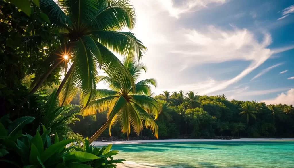 Verdant tropical foliage with lush palm trees casting gentle shadows, under a warm, hazy sky with wispy clouds. Sunlight filters through the canopy, creating a serene, dappled lighting. In the foreground, a pristine turquoise lagoon with small waves lapping at the white sandy shore. Vibrant greens, blues, and golds create a tranquil, idyllic scene that captures the essence of Andaman's tropical climate.