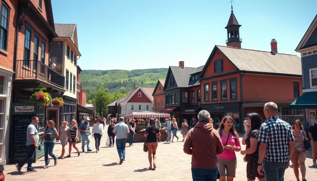 Vermont's Linguistic Landscape: A picturesque town square surrounded by historic buildings, with people of diverse backgrounds strolling and chatting in the warm sunlight. In the foreground, a group of friends converse animatedly, representing the multilingual tapestry of the state. The middle ground features a quaint cafe, its chalkboard menu offering a variety of global cuisines. In the background, rolling green hills and a clear blue sky set the serene, pastoral mood. Capture the vibrant, inclusive atmosphere of Vermont's welcoming linguistic diversity through a wide-angle, cinematic lens.