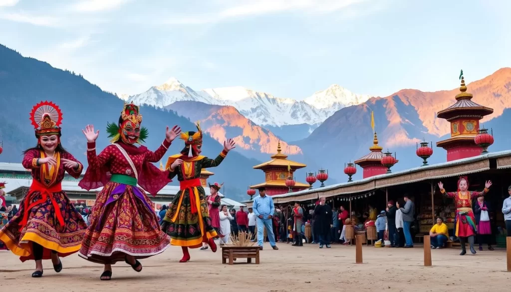 Vibrant Bhutanese festivals unfold in a serene mountain landscape. In the foreground, colorfully costumed dancers twirl and leap, their ornate masks and brocaded robes reflecting the rich cultural heritage. The middle ground features a lively marketplace, with vendors offering an array of traditional handicrafts, incense, and ceremonial wares. In the distance, majestic Himalayan peaks rise, their snow-capped summits bathed in warm, golden light. The atmosphere is one of joyous celebration, infused with a sense of timeless tradition and spiritual reverence.