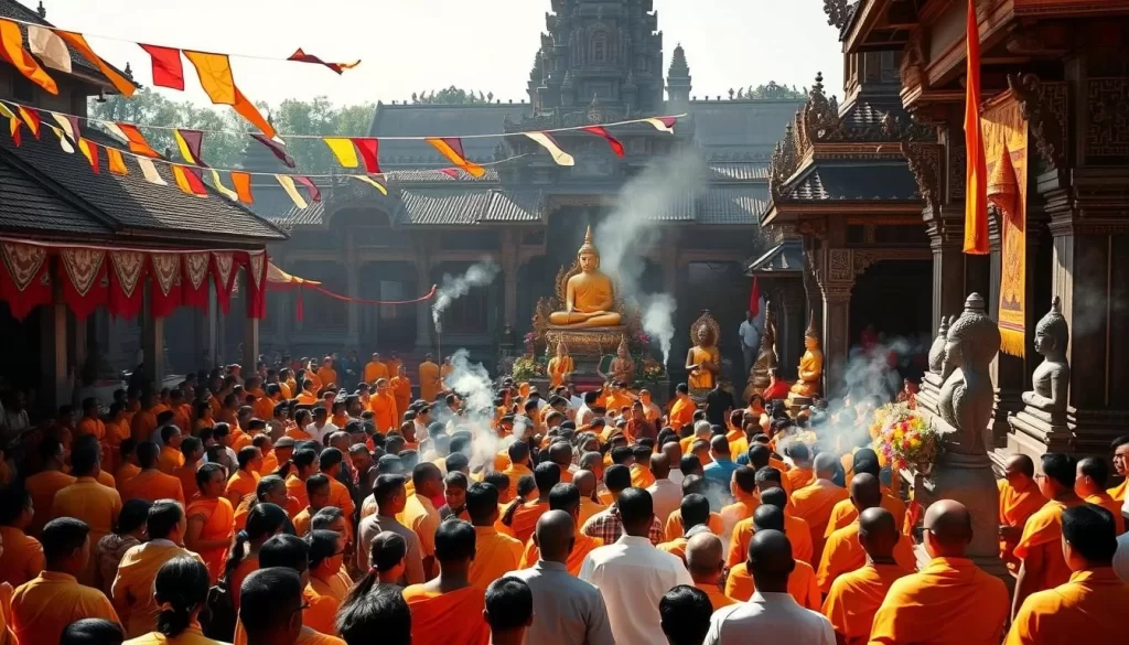 Vibrant Cambodian Buddhist festival, sun-dappled temple courtyard with intricate architecture and towering stone monuments. Devotees in saffron robes gather, offering colorful flowers and incense. Swirling prayer flags, ornate statues, and the chanting of sutras fill the air with a serene, spiritual atmosphere. Capture the rich cultural heritage and devotion of this sacred celebration, with warm natural lighting and a sense of timeless tradition.