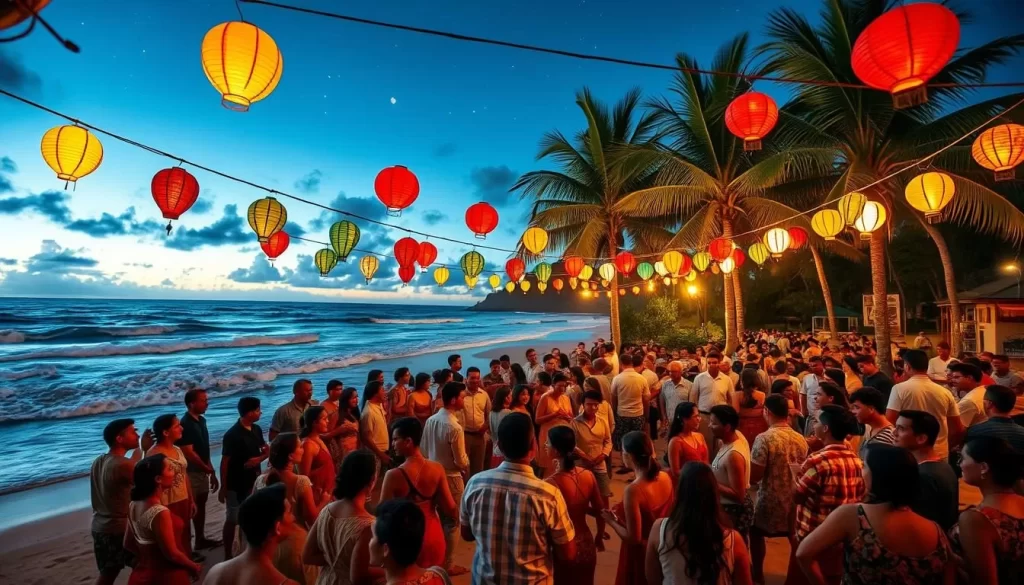 Vibrant Christmas Island, alive with festive cheer. A lively New Year's Eve celebration unfolds under a starry sky. Colorful lanterns sway gently, casting a warm glow over the beachfront. In the center, locals and tourists alike gather, engaged in traditional dances and music. The crashing waves of the Indian Ocean provide a serene backdrop, as people laugh and toast to the new year. Palm trees sway in the evening breeze, adding a tropical ambiance. The mood is joyous and celebratory, capturing the essence of this remote island paradise during the holiday season.