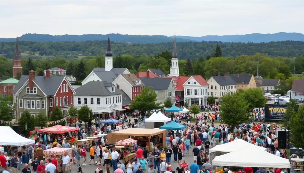 Vibrant Connecticut festivals unfold against a picturesque backdrop of historic New England towns. In the foreground, lively crowds gather around colorful food stalls, crafts vendors, and live music stages. Middle ground features quaint townhouses, church steeples, and tree-lined streets. In the distance, rolling hills and forests provide a serene natural setting. Soft, diffused lighting creates a warm, inviting atmosphere. Capture the spirit of community, culture, and celebration with a wide-angle lens and a slightly elevated camera angle to showcase the vibrant festivities.
