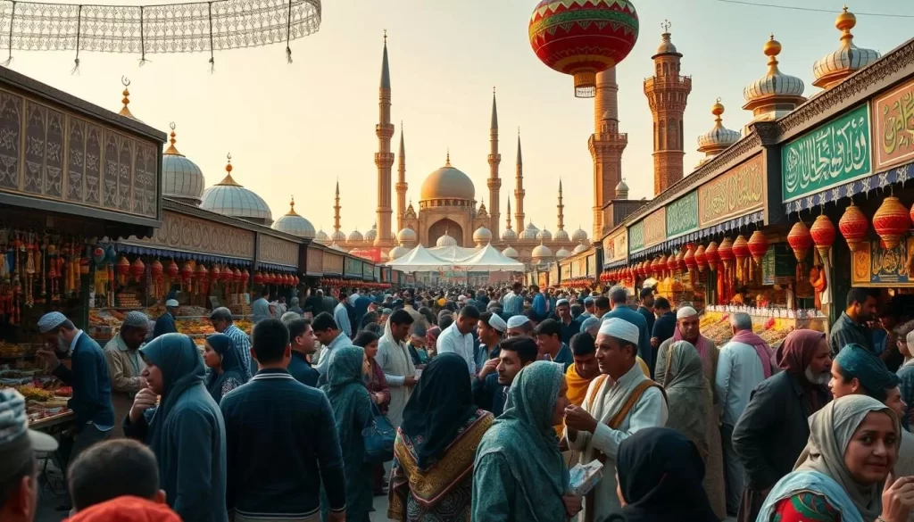 Vibrant Eid al-Adha celebration in a bustling Afghan marketplace. In the foreground, a lively crowd of people in traditional attire bargaining and exchanging gifts. Middle ground features colorful stalls selling festive decorations, fragrant spices, and handcrafted souvenirs. In the background, intricately decorated mosques and towering minarets stand tall, their domes glimmering in the warm afternoon sunlight. The atmosphere is filled with the joyous laughter of families, the aroma of sizzling meats and freshly baked breads, and the rhythmic beats of traditional music. An uplifting and vibrant scene capturing the essence of this important Islamic festival.