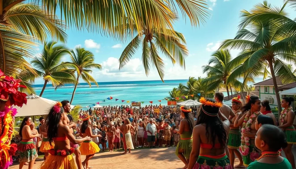 Vibrant Fijian festivals unfold amidst lush tropical landscapes, with swaying palm trees and crystal-clear waters as a captivating backdrop. In the foreground, colorfully dressed performers showcase traditional dances, their movements graceful and energetic. In the middle ground, bustling crowds gather, their faces alight with joy and anticipation. The warm, golden sunlight bathes the scene, casting a celebratory glow and highlighting the vibrant hues of the costumes and decorations. The overall atmosphere evokes a sense of cultural richness, community, and joyous revelry, perfectly capturing the essence of Fiji's vibrant festival traditions.