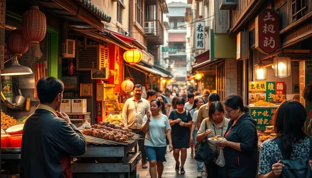 Vibrant Jinzun street food scene: An intimate alleyway in Jinzun, Taiwan, bustling with locals and visitors savoring an array of tantalizing dishes. Colorful stalls line the narrow passageway, their aromas mingling in the air. In the foreground, a vendor expertly grills skewers of succulent meats and fragrant vegetables. Pedestrians weave through the lively crowd, carrying steaming bowls of noodles and crunchy fried delicacies. Warm, golden-hour lighting casts a inviting glow, complementing the vibrant hues of the street food and traditional Taiwanese architecture in the background.