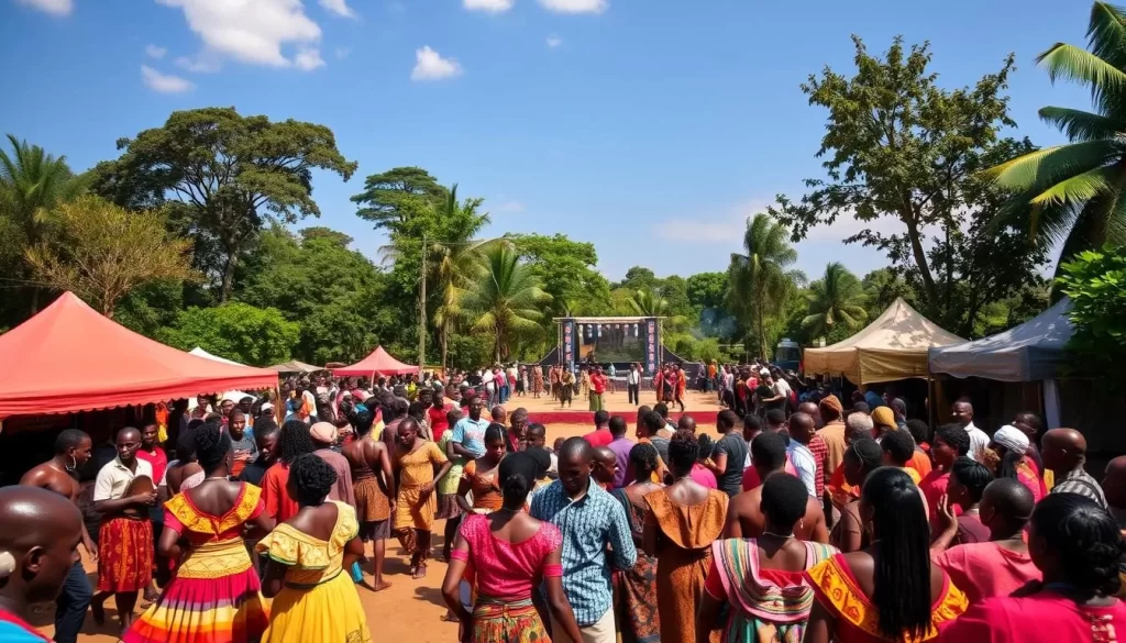 Vibrant Kara Togo cultural festival in full swing, with a lively crowd gathered around a central performance stage. In the foreground, traditional dancers in colorful costumes sway to the rhythmic beats of local drums and instruments. In the middle ground, food vendors offer an array of tempting local delicacies, while intricate handcrafted wares are displayed at nearby stalls. The background is filled with lush greenery and a clear blue sky, creating a serene and inviting atmosphere. Warm, diffused natural lighting illuminates the joyful scene, capturing the festive spirit of the Kara people.