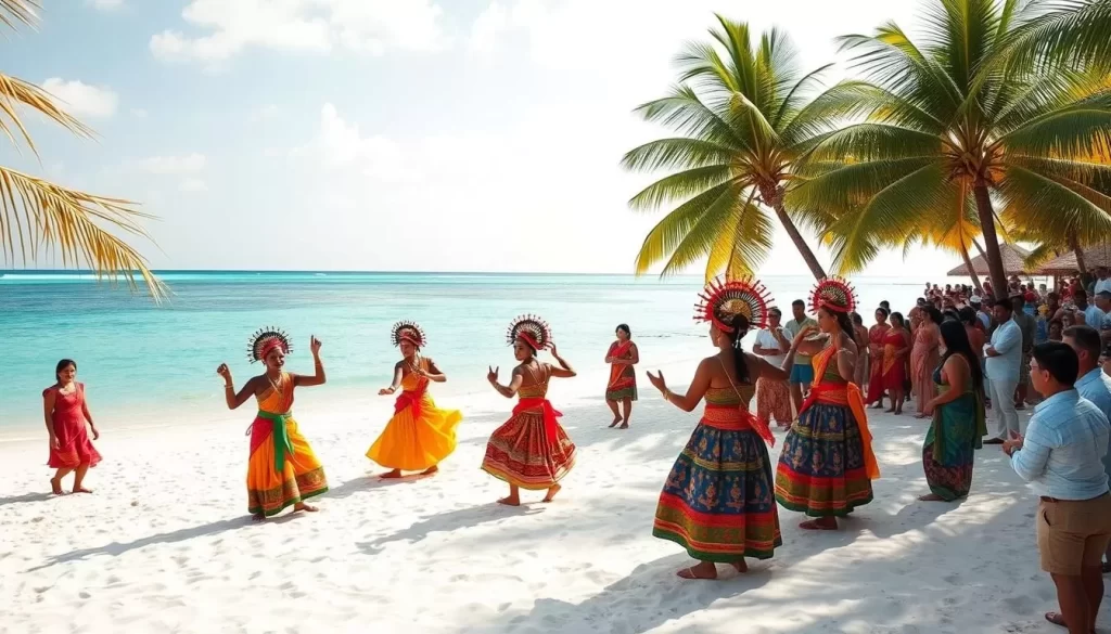 Vibrant Lakshadweep cultural events: a breathtaking coastal scene with traditional dancers in colorful costumes performing on a pristine white sand beach, surrounded by swaying palm trees and crystal clear turquoise waters. Warm sunlight bathes the joyful gathering, evoking the festive atmosphere of the island's unique heritage. The dancers move with graceful, rhythmic motions, their ornate headdresses and intricate movements capturing the essence of Lakshadweep's rich cultural tapestry. In the background, spectators watch on, immersed in the celebratory spirit of this captivating tropical paradise.