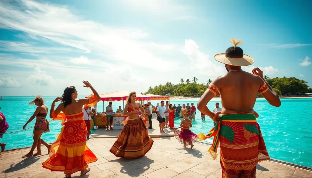 Vibrant Maldivian festivities unfold against a backdrop of azure skies and turquoise waters. In the foreground, dancers in colorful traditional costumes sway gracefully to the rhythm of live music, their movements captured in a dynamic snapshot. In the middle ground, festive stalls offer an array of local delicacies and handcrafted wares, beckoning visitors to immerse themselves in the cultural tapestry. The distant horizon is dotted with lush tropical foliage, completing the idyllic island setting. The scene is bathed in warm, golden sunlight, evoking a sense of celebration and vibrant island life. Crisp, high-resolution photography captures the essence of Maldives' cultural heritage and the joy of its vibrant festivals.