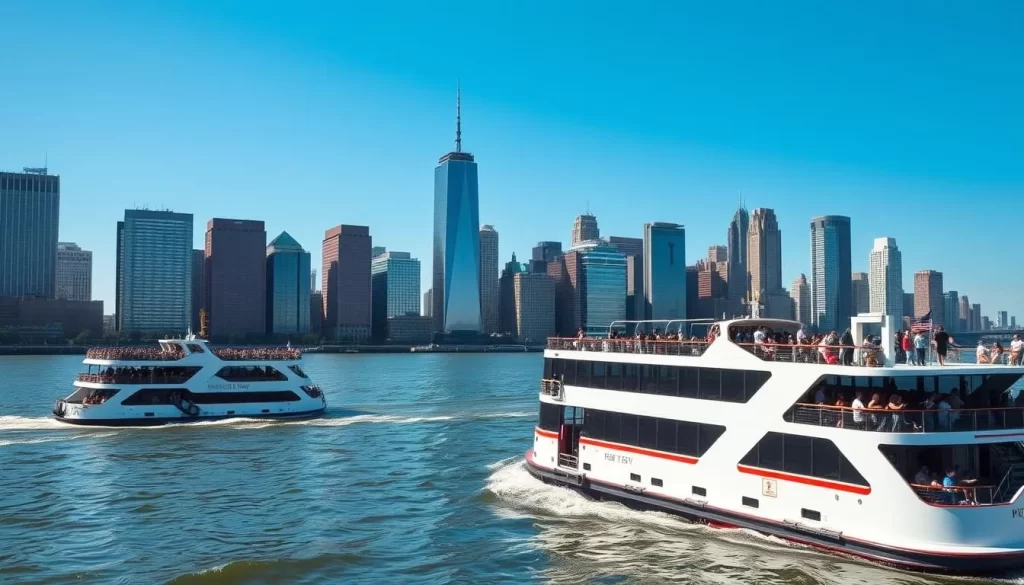 Vibrant New York City ferry services gliding across the serene waters of the East River, with the iconic Manhattan skyline as a breathtaking backdrop. Capture the bustling energy of commuters and tourists alike, as they board the sleek, modern vessels against a clear, sunny sky. Showcase the varied ferry routes, from the iconic Staten Island Ferry to the East River crossing, with attention to the unique architectural details of the terminals. Employ a wide-angle lens to convey the grandeur of the scene, while maintaining a sense of intimacy through the inclusion of people and their interactions. Imbue the image with a sense of movement and efficiency, reflecting the vital role these ferry services play in the daily life of New York City.